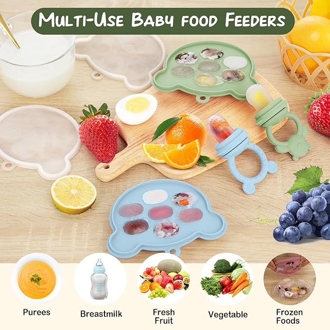 WAJIAYON Baby Breastmilk Popsicle Molds & Fruit Feeder (2 Pack), Baby Food Freezer Tray Storage Containers, Silicone Teething Pacifier Feeder and Teether for Babies - Sky Blue
