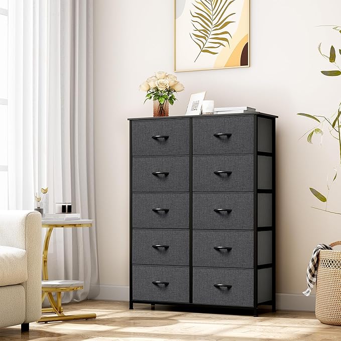 YITAHOME 10 Drawer Dresser - Fabric Storage Tower, Organizer Unit for Bedroom, Living Room, Hallway, Closets - Sturdy Steel Frame, Wooden Top & Easy Pull Fabric Bins (Black Grey)