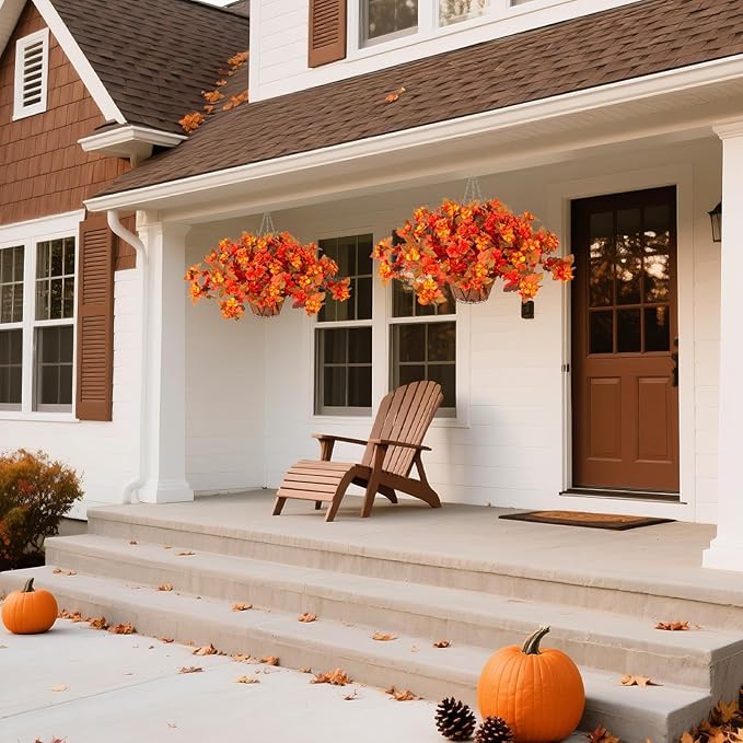 Homsunny Fall Flowers for Outdoors, 2 PCS Fake Fall Flowers UV Resistant Fake Autumn Artificial Flowers for Porch Patio Window Box Planter Home Decor (Sunset Red and Orange)