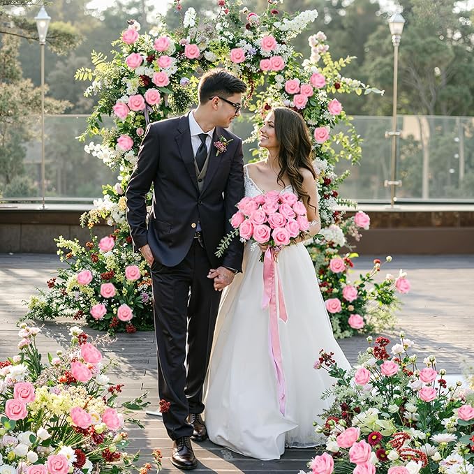 Ouddy Decor 50 Pcs Artificial Pink Roses Bulk Realistic Silk Roses with Long Stems Fake Roses Flowers for Wedding Bridal Bouquet DIY Table Centerpieces Arrangement Valentines Day Home Decor, Pink