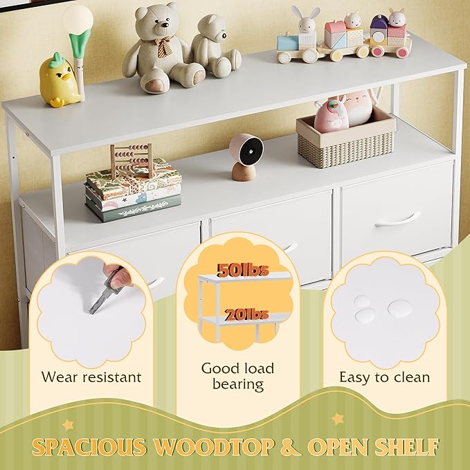 WLIVE White Dresser for Bedroom, 5 Drawer Dressers with Charging Station, Fabric Chest of Drawers with Open Shelves, Storage Dresser for Living Room, Closet, Entryway