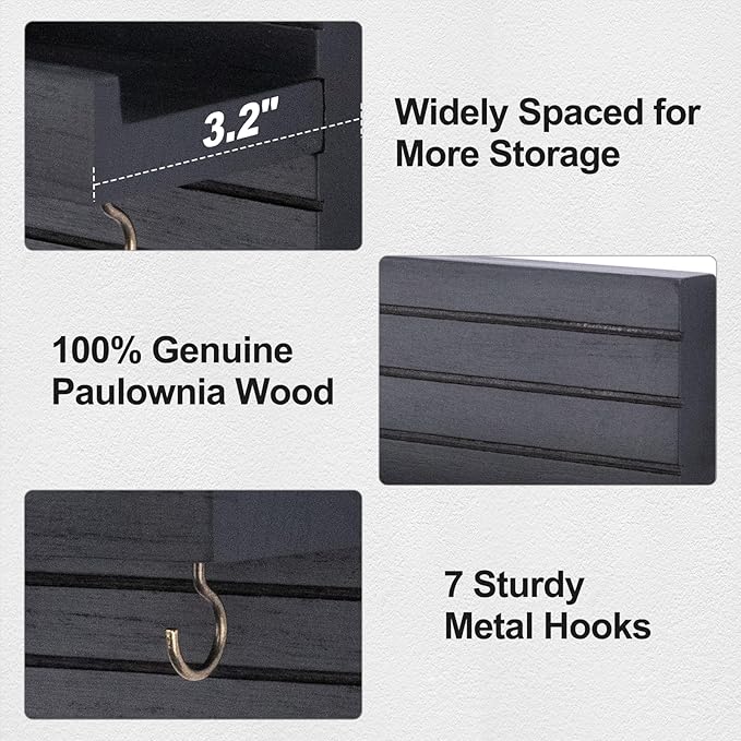 Decorative Key Holder for Wall with Shelf, Entryway Shelf with Hooks Holds Leashes, Jackets and Glasses – Sturdy Wood Keyholder Entrance Hanger with Mounting Hardware (Black, Large)