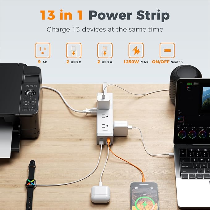 TESSAN Surge Protector Power Strip PD 20W, 10 FT Extension Cord with Multiple Outlets Flat Plug, 4 USB (2 USB C) and 9 AC Outlets, Multi Port Charging Station for Home Office Dorm Room Essentials