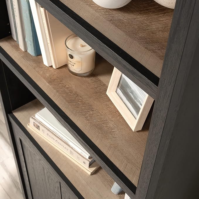 Sauder Cottage Road Book Shelf, Bookshelf with Storage, Library Bookcase with Doors and Adjustable Shelves, in Raven Oak Finish