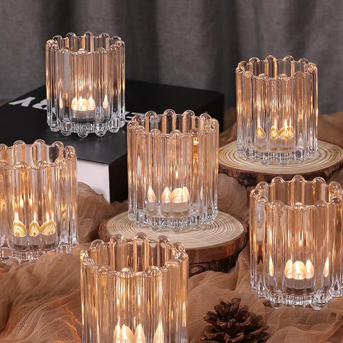 Glass Clear Votive Candle Holder, Ribbed Votive Candle Holders Set of 12, Tealight Candle Holder for Wedding Centerpieces Dinner Party Table Decor