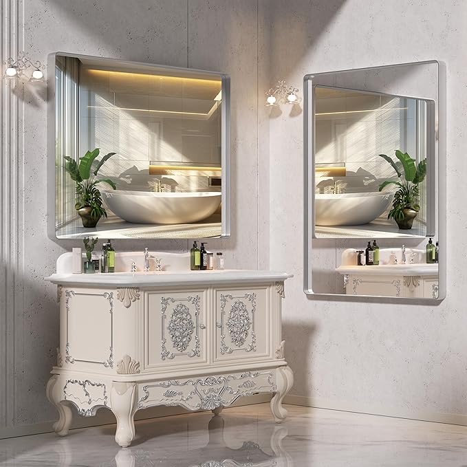 Hasipu 2 PCS Bathroom Mirror for Wall, 32 x 24 Inch Silver Metal Framed Bathroom Mirrors for Over Sink, Rectangle Bathroom Vanity Mirror, Anti-Rust, Tempered Glass, Horizontal or Vertical