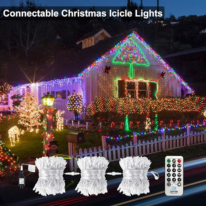Toodour Christmas Icicle Lights Outdoor, 2 in 1 White & Multicolor Color Changing Icicle Lights with 60 Drops, 29.5ft 360 LED Christmas Light Fairy Twinkle Light for Wedding Home Outdoor Xmas Decor