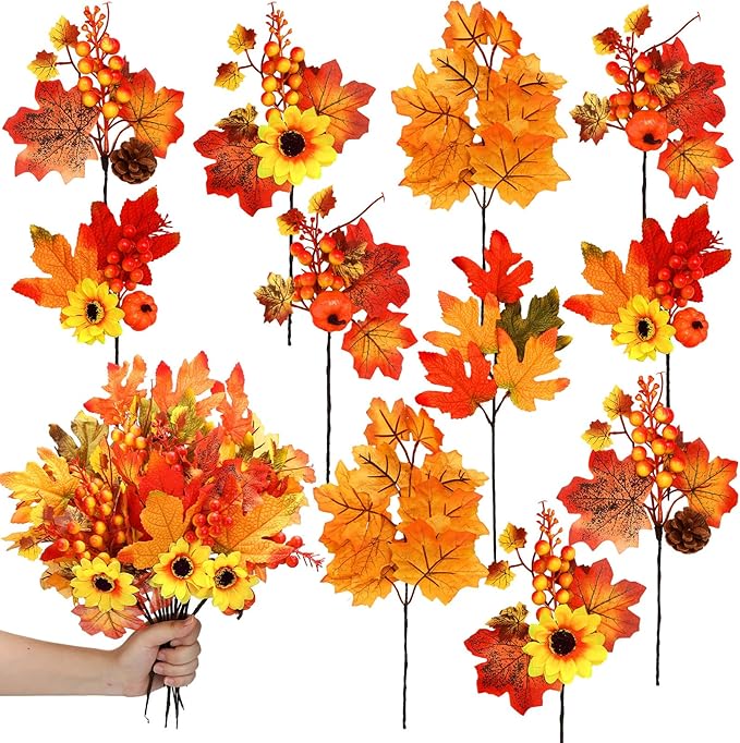 Ceenna 16 Bundles Fall Artificial Flowers for Outdoors Decorations Floral Picks Stem Fake Mums Eucalyptus Maple Leaves Berry for Garden Autumn Thanksgiving Arrangement(11 Inch,Maple Leaf)