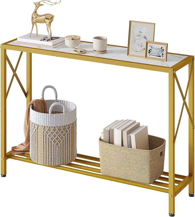 Tajsoon Entryway Table 41.8”, 2-Tier Entry Way Console Entrance Table, Narrow Sofa Table with Shelves, Ideal for Hallway, Entryway, Living Room, Foyer, Corridor, and Office (Gold & White)