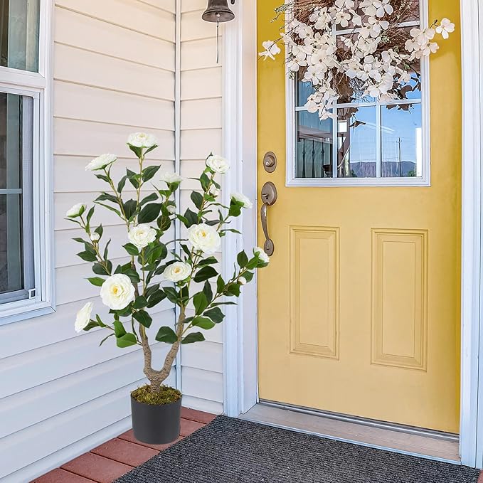 GOFLAME 3FT Artificial Camellia Tree, Faux Camellia Plant with White Flowers, Solid Wood Trunk, Realistic Moss, Greenery Potted Decoration Tree for Indoor Outdoor Home Porch Front Door