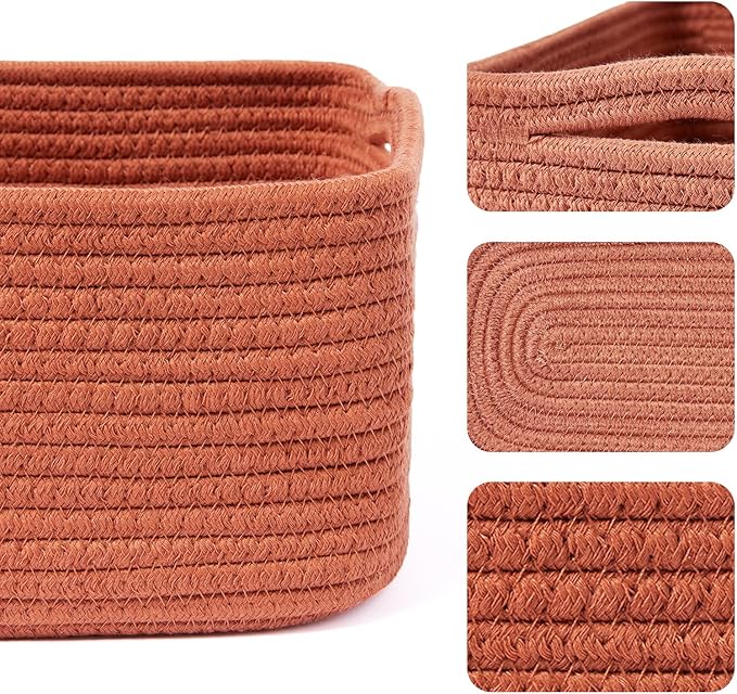 Small Storage Baskets for Organizing | Closet Organizer Bins | Shelf Toy Basket | Woven Rope Baskets | Cube Decorative Box | Shallow Basket | 13x8.5x5.1” | 4 Packs Oxide Red