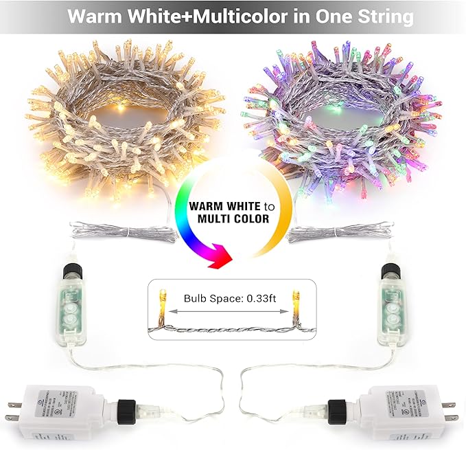 Brizled Color Changing Christmas Lights, 300 LED Christmas String Lights Connectable, 115ft 11 Modes Tree Lights Warm White & Multicolor Clear Wire Xmas Lights Remote for Xmas Party Home