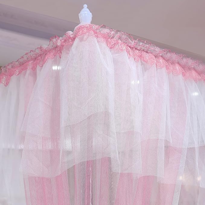 Joyreap Luxury 4 Corners Post Canopy Bed Curtains - Pink & White Cozy Drape Netting - Cute Princess Bedroom Decoration Accessories (47" W x 78" L, Twin)