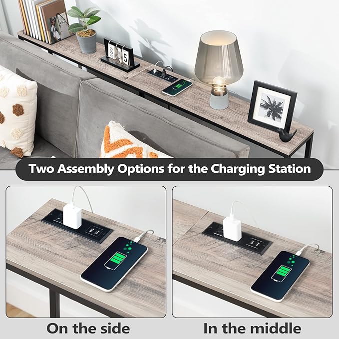 70.9'' Console Table with Power Outlet, Narrow Sofa Table, Industrial Entryway Table with USB Ports, Behind Couch for Entryway, Hallway, Foyer, Living Room, Greige CTHG18E01Z1