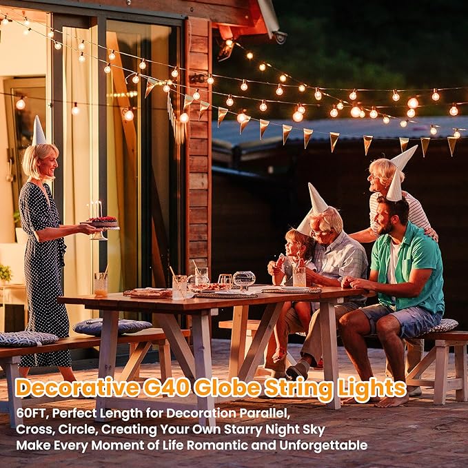 Bosceos 60FT Outdoor G40 LED Globe String Lights Dimmable Waterproof Shatterproof Light Strings with 30 Bulbs Connectable Commercial Hanging Lights for Christmas Patio House Backyard Balcony Party