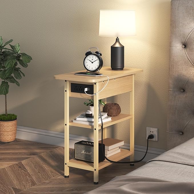LIDYUK End Table with Charging Station, Flip Top Side Table with USB Ports and Outlets, Nightstand for Small Spaces, Bedside Tables with Storage Shelf for Living Room, Bedroom, Natural