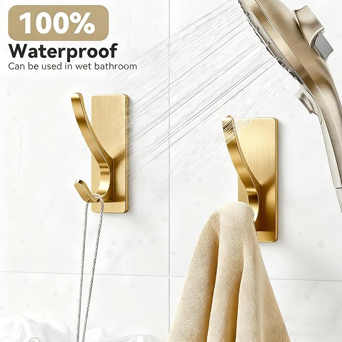 pickpiff Self Adhesive Coat Hooks for Hanging, Heavy Duty Stainless Double Wall Hook for Towel, Backpack, Hat, Sturdy Metal Hanger for Bathroom, Bedroom, Door, Wall Mounted, 4-Pack, Brushed Gold
