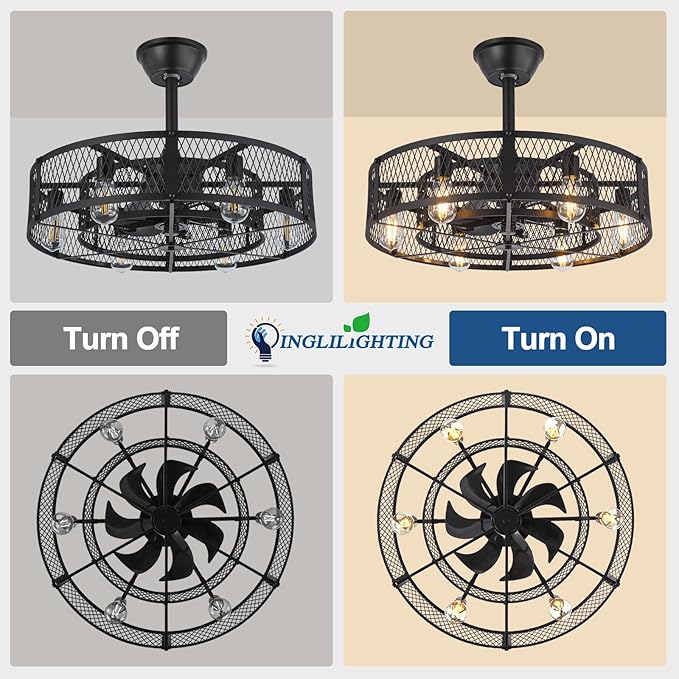 DLLT Caged Ceiling Fan with Lights: 26" Bladeless Fandelier with Light and Remote - Black Industrial Chandelier Fan Light for Bedroon Living Dining Room Kitchen