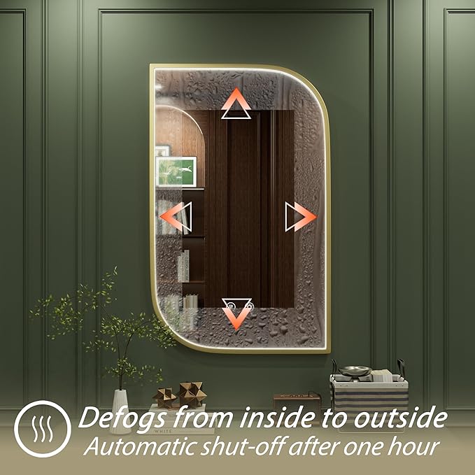 22x36 Inch Gold LED Mirror for Bathroom with Lights, Adjustable 3000K/4500K/6000K, Irregular Frame Lighted Bathroom Vanity Mirror, Stepless Dimmable, Anti-Fog, Wall Mounted