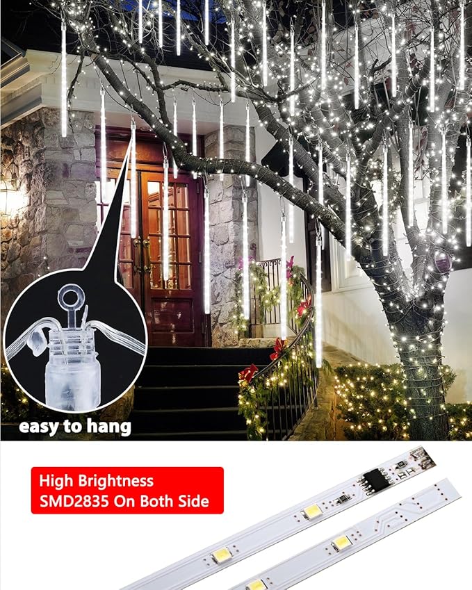 Joomer Christmas Lights Outdoor, 11.8 inch 10 Tubes 240 LED Meteor Shower Lights, LED Snow Falling Icicle Cascading Light with Timer Waterproof and Connectable for Christmas Decoration (White)