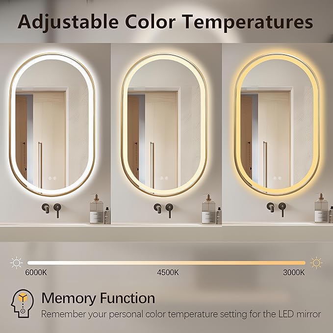 Niccy Oval LED Mirror for Bathroom, 40x24 Front Lit + Backlit Vanity Mirrors with Light Anti-Fog, Shatter-Proof, 3 Colors, Makeup Mirror with Gold Frame (Horizontal/Vertical)