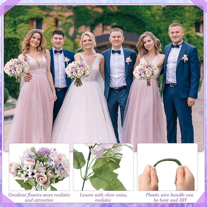 Tigeen 12 Bundles Peonies Artificial Flowers Faux Roses Silk Flowers Hydrangea Artificial Bouquet for Wedding Table Centerpiece Floral Vase Home Office Bridal Decor (Purple,Pink)