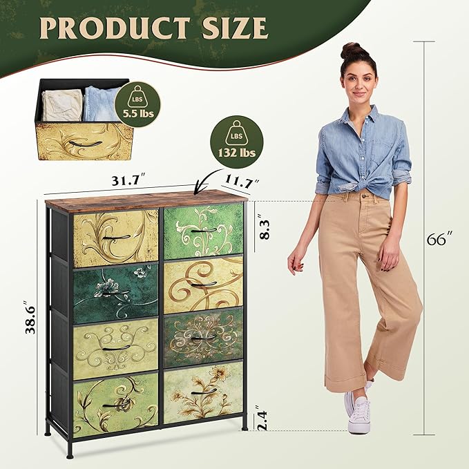 WLIVE Tall Fabric Dresser with 8 Drawers, Storage Tower with Fabric Bins, Double Dresser, Chest of Drawers for Closet, Bedroom, Living Room, Hallway, Dorm, Floral Painted