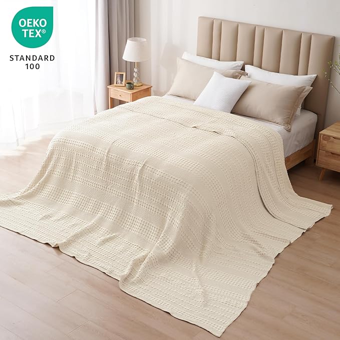 PHF 100% Cotton Waffle Blanket Oversized King 120"x120", Lightweight Breathable Extra Large 10'x10' Blankets for Bed, Giant Big Luxury Aesthetic Woven Bedding for Home Decor, Natural