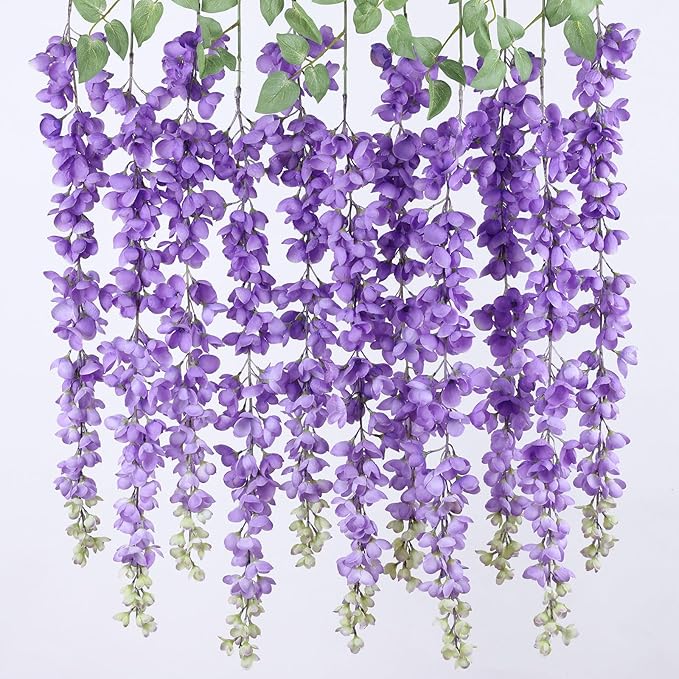 mizii 6Pcs Purple Wisteria Hanging Flowers 48" Silk Wisteria Artificial Flowers Garland Vines Fake Hanging Flowers Decoration for Wedding Flower Wall Backdrop Centerpieces Party Room Decor (Purple)