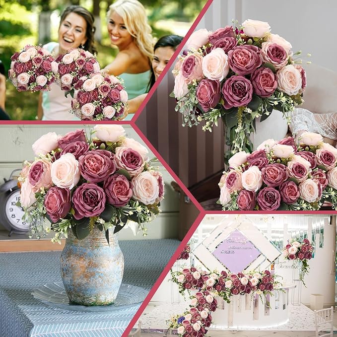 Geosar 16 Bundles Artificial Peonies Flowers Fake Silk Peony Bouquet Faux Peonies Flowers Bulk for Decoration Vase Floral Arrangements Wedding Party Table (Dusty Pink,Dusty Rose)