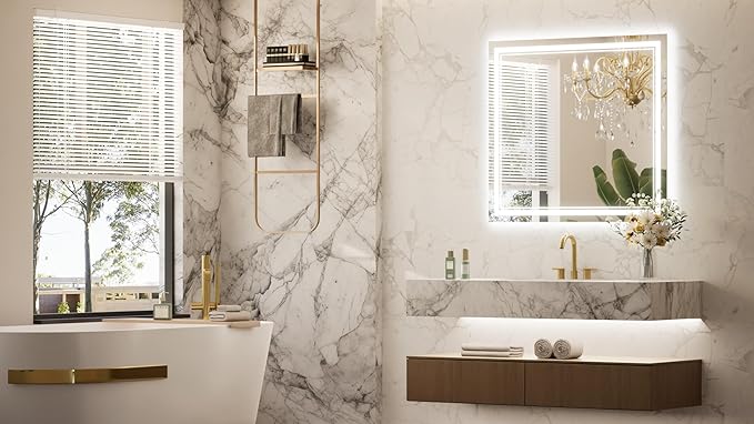 Keonjinn LED Bath Mirror 40” x 36” with Frontlit and Backlit, Stepless 3 Colors Temperature & Dimmable Vanity Mirror, UL Listed LED Driver, Double Light Strips, Anti-Fog Wall Mirror with Lights