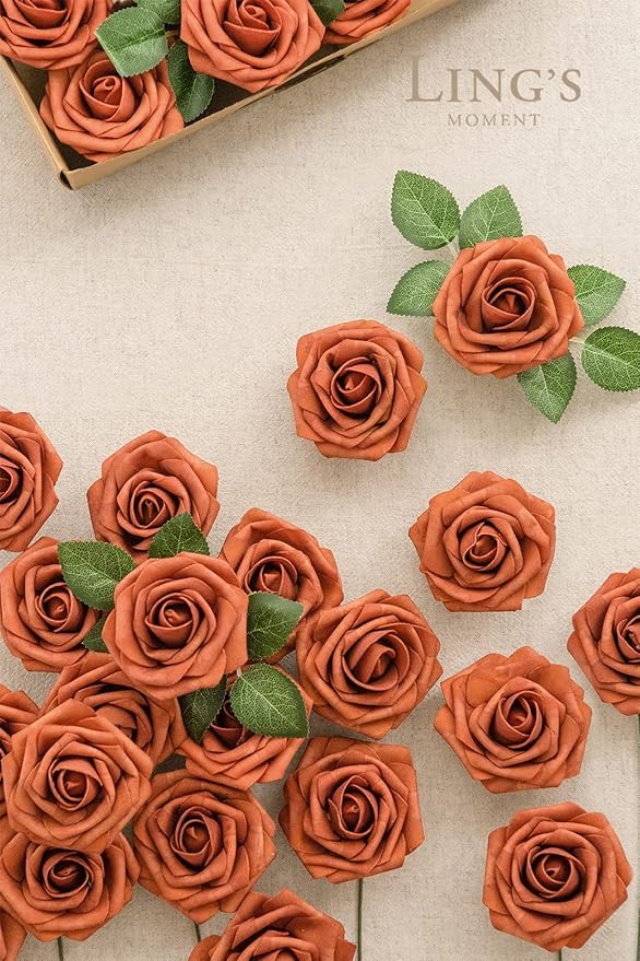 Ling's moment Fall Artificial Flowers 25Pcs Burnt Orange Roses Decor w/Stems,3" Real Touch DIY Foam Floral for Wedding Bouquet/Centerpieces, Outdoors Party Backdrop, Room/Table, and Garden/Pot Decor