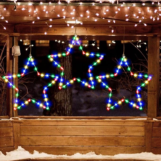 MAOYUE Window Lights 3 Pack Christmas Window Star Lights with Timer Battery Operated Christmas Decorations 8 Lighting Modes with 3 Remote Controls for Outdoor, Indoor, Porch, Party, Colorful
