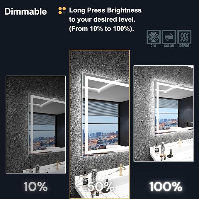 LED Bathroom Mirror 24"x 36", Front Lit and Backlit Bathroom Mirror with Lights,Stepless Dimmable,Anti-Fog, Shatter-Proof, Memory, 3 Colors Lighted Vanity Mirror (Horizontal/Vertical)