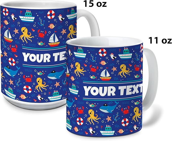Personalized Mug for Kids - Nautical - Custom Name/Text, Ceramic Hot Chocolate/Cocoa/Coffee Cup for Boys/Girls, Birthday/Christmas/Holiday Gift - 15 oz, Light Blue Handle