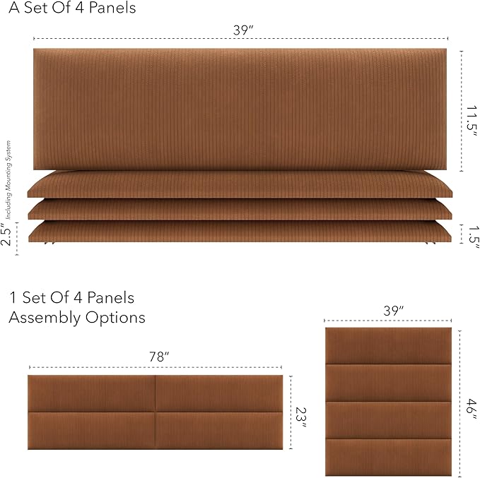 Vänt Upholstered Wall Panels - King/Cal King Size Wall Mounted Headboards - Ribbed Terracotta - Twin/King - Set of 4 Panels (Each Individual Panel 39"x11.5")