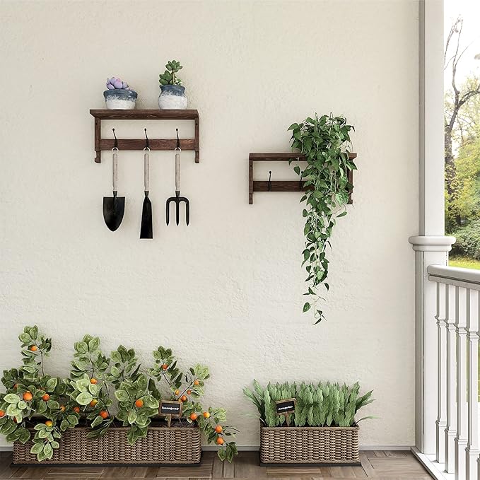 Coat Hooks, Wood Rack Wall-Mounted, 31.5 Inch Entryway Shelf with 10 Hooks (Brown)