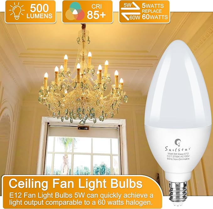 Sailstar E12 LED Bulb 60W Equivalent, 500 Lumens, Ceiling Fan Light Bulbs Soft White 2700K, Type B Light Bulb 5W, CRI 85, B11 Small Base Candelabra LED Light Bulbs, Non-dimmable, Pack of 3