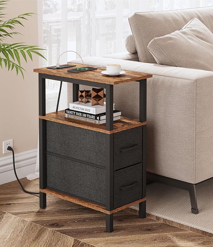 Narrow Side Table for Small Spaces, Skinny End Table with Charging Station, Sofa Beside Table with 2 Drawers 1 Open Compartment, Slim Nightstand with USB Ports Outlet, Rustic and Brown UTBT004F