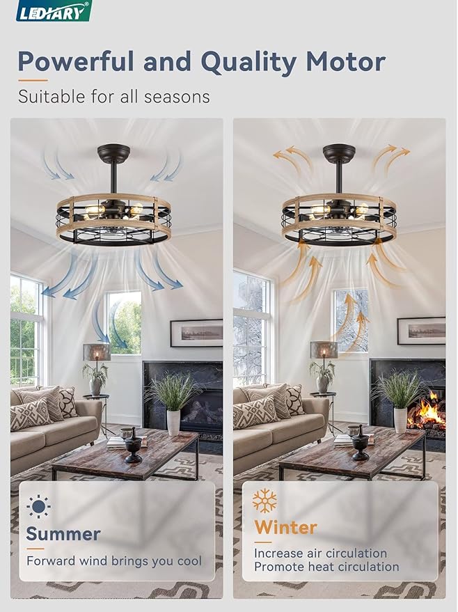 LEDIARY 20 Inch Fandelier Caged Ceiling Fan with Light, Bladeless Ceiling Fan with Remote, Small Farmhouse Fan Lights Ceiling Fixtures for Kitchen, Bedroom-Brown