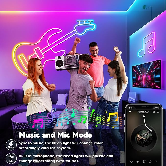 50Ft Neon Rope Lights,Flexible Led Rope Lights Control with App/Remote,Multiple Modes Rope Lights,IP65 Outdoor RGB Led Neon Lights Waterproof,Music Sync Gaming Led Neon Light Strip for Bedroom Decor