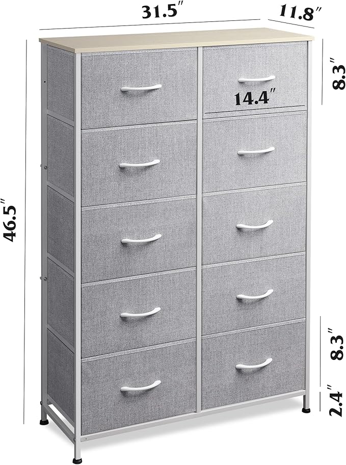 WLIVE Tall Dresser for Bedroom with 10 Drawers, Chest of Drawers, Dressers Bedroom Furniture, Storage Organizer Unit with Fabric Bins for Closet, Hallway, Living Room, Entryway, Light Grey