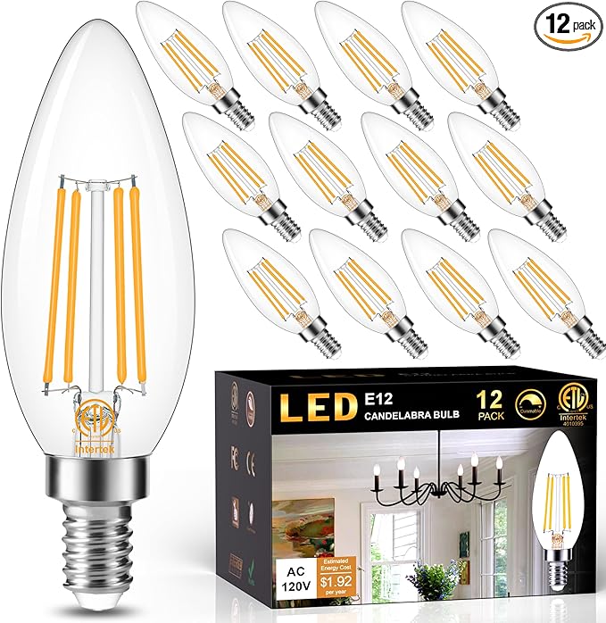 Cotanic LED Candelabra Bulb Dimmable 2700K Soft Warm White, E12 Small Base Type B Light Bulb 60W Equivalent, B11 Candle Light Bulb for Chandelier, Ceiling Fan Light Bulbs, 600LM, AC 120V, 12 Pack