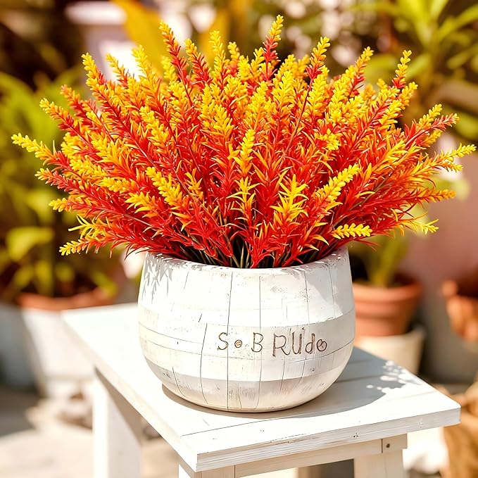Geegoods 16 Bundles Artificial Fall Flowers Outdoor – Faux Lavender Flowers with Monkey Grass UV Resistant Plastic Faux Plants for Halloween Front Door Porch Patio Yard Balcony Decor, Orange Color