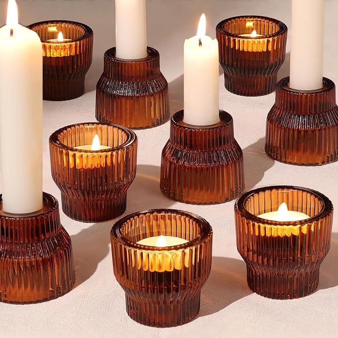12pcs Amber Glass Candlestick Holders, Taper Candle Holders Tea Light Candle Holder for Wedding Centerpieces Table Decorations, Votive Candle Holders for Table Decor