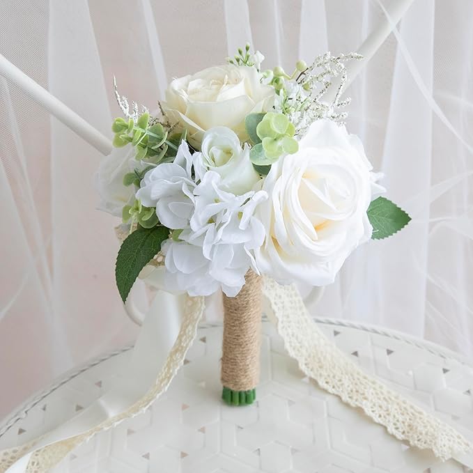 Wedding Bouquets for Bride Bridesmaid, Artificial White Champagne Bride Flower Bouquet for Wedding Church Decoration Ceremony, Anniversary, White Roses Flowers