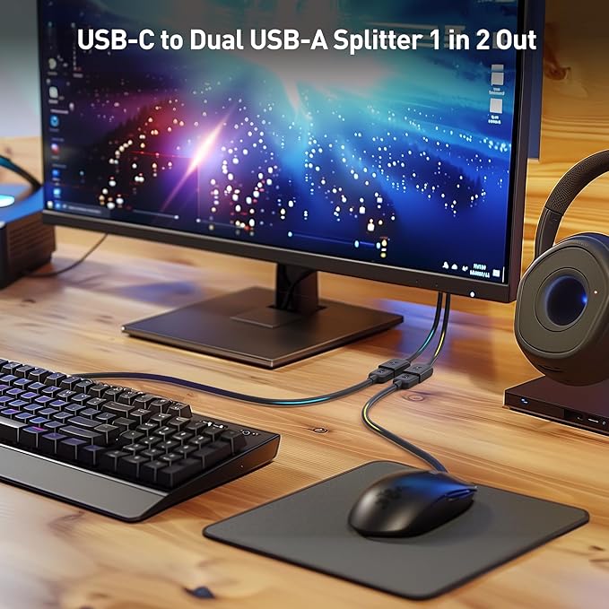 Cable Matters USB-C Male to Dual USBA Female Splitter 1 in 2 Out - 1ft, USBC to USB Splitter Hub with 480Mbps Data Transfer, BC 1.2 Charging Support