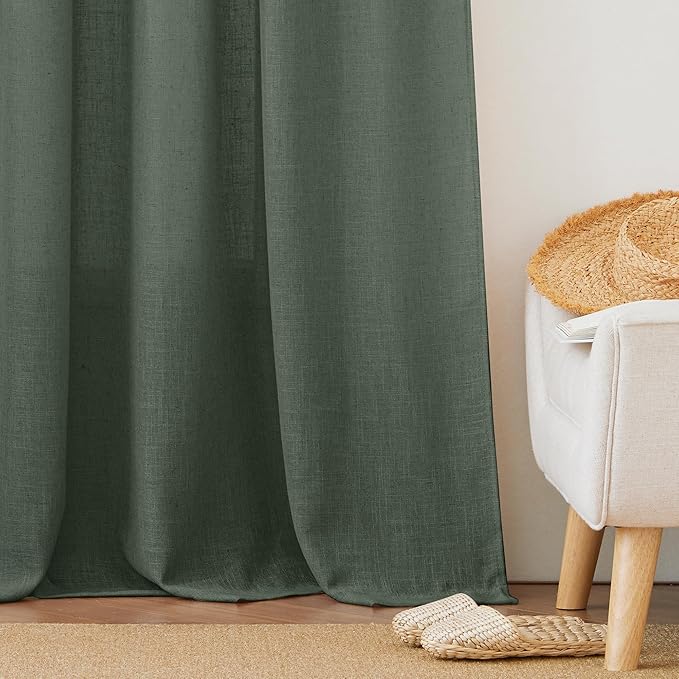 RYB HOME Green Linen Sheer Curtains 102 inches Long, Thick Heavy Textured Rod Pocket Machine Washable Privacy Assured for Living Room Bedroom, W 52 x L 102 inches, Hunter Green, 2 Panels