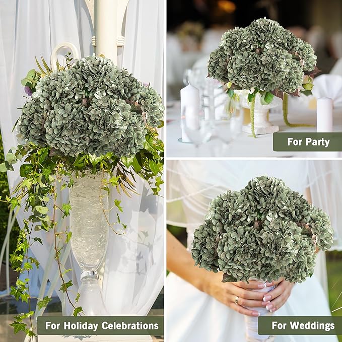 Artificial Flower Fake Silk Hydrangea Heads Bouquet with Stems Bulk for Fall Decoration Table Center Christmas Indoor Outdoor Faux Floral Realistic with Leaves Plants Crafts 8PCS (Green)