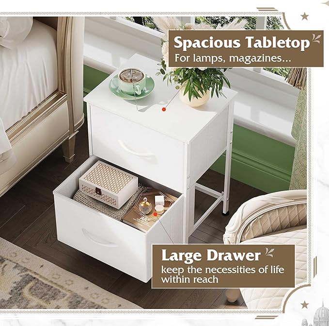 WLIVE White Nightstand, 2 Drawer Dresser for Bedroom, Small Night Stand with Fabric Drawers, Bedside Furniture, End Table for Bedroom, Closet, Entryway, College Dorm